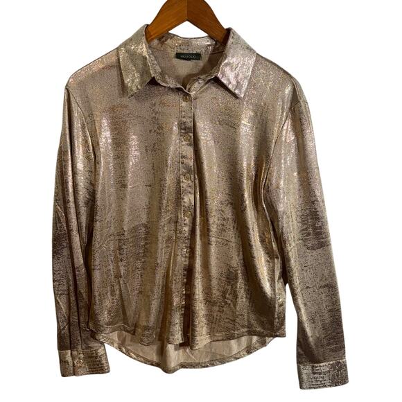 Kiwi Club Gold Metallic Polyester Blend Button Up Shirt Women's Size Small S - Picture 1 of 8